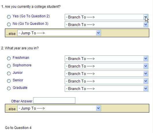 Display showing how to set Question 1 to branch if respondent selects 'Yes'