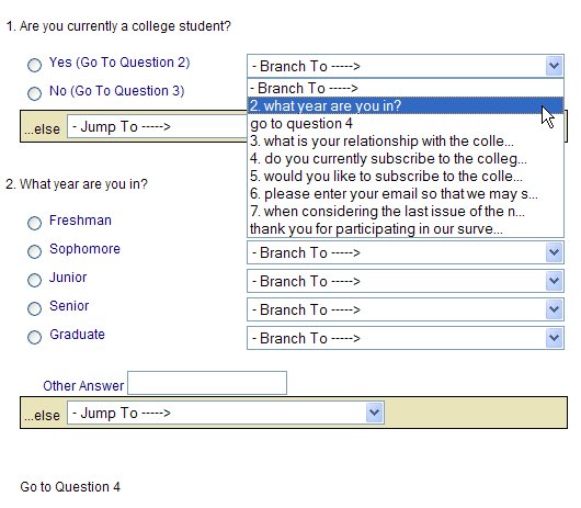 Display to select a 'Branch to' value