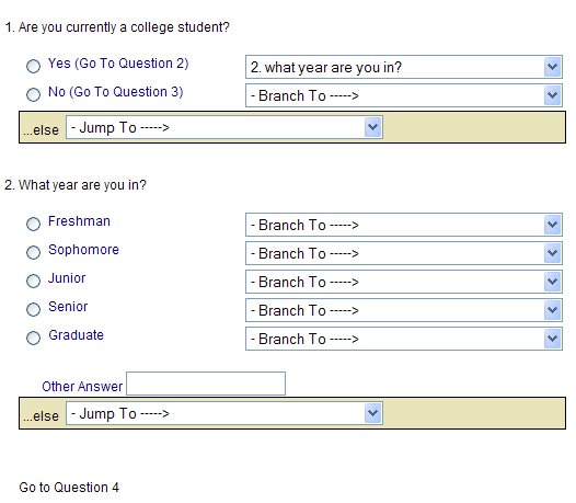 Display showing Question 1 'Yes' answer with a branch specified