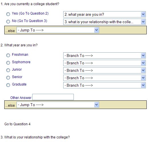 Display showing Question 1 'No' answer with a branch specified