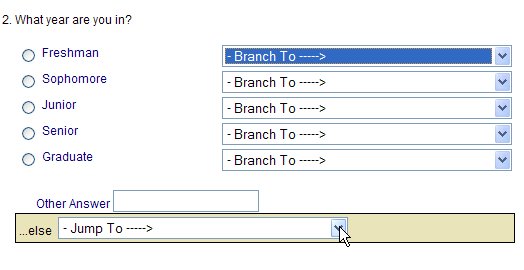 Display showing how to set Question 2's 'Jump to'