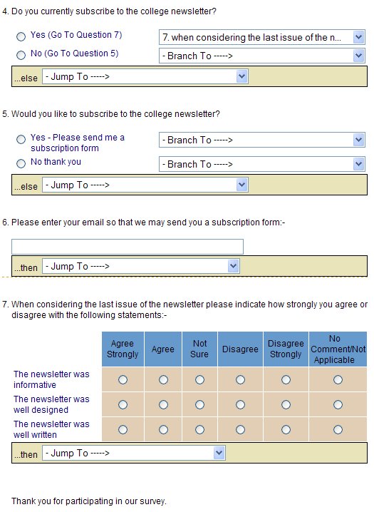 Display showing Question 4 branching to Question 7 if 'Yes' response