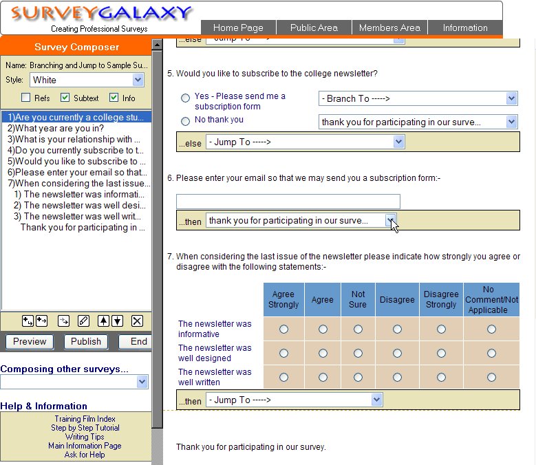 Display showing Question 6 'Jump to' statement being set to skip to the end of the survey